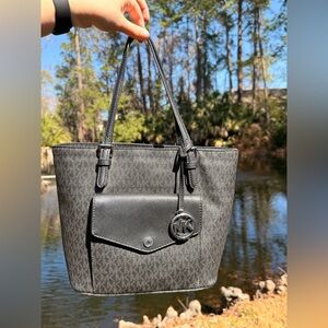 Michael Kors Jet Set Medium Logo Pocket Tote Bag in Signature Black.